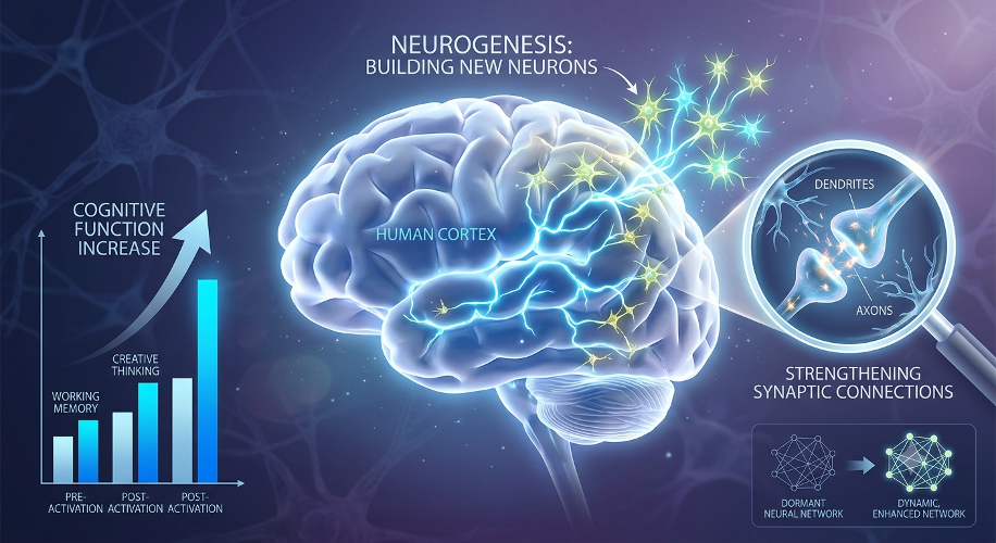 Illustration of the human cortex with new neurons forming, synaptic connections strengthening and a chart showing cognitive function increase