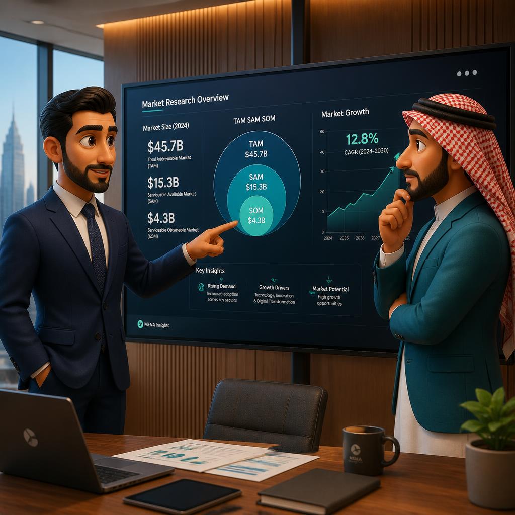 Egyptian and Saudi analysts reviewing market research charts and a TAM SAM SOM diagram