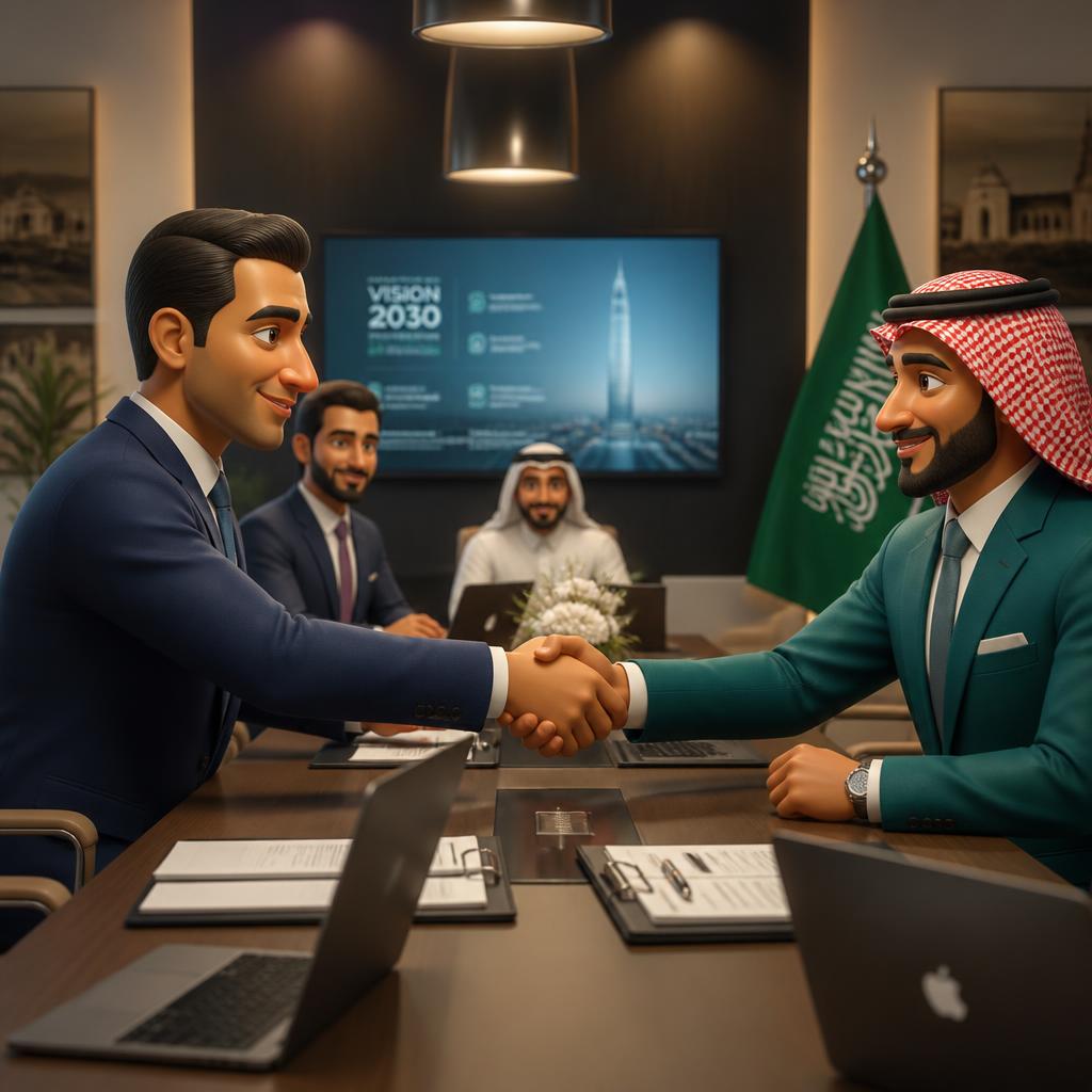 Egyptian and Saudi business partners shaking hands across a negotiation table