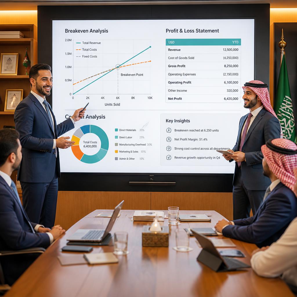 Egyptian and Saudi finance professionals presenting a breakeven chart and profit and loss statement