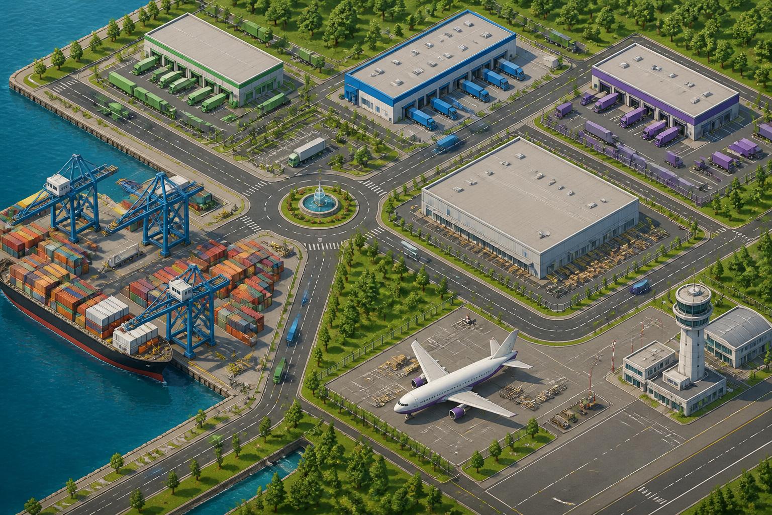 Isometric logistics district map with a road freight terminal, cross-dock warehouse, seaport with container cranes, air cargo hub and last-mile station