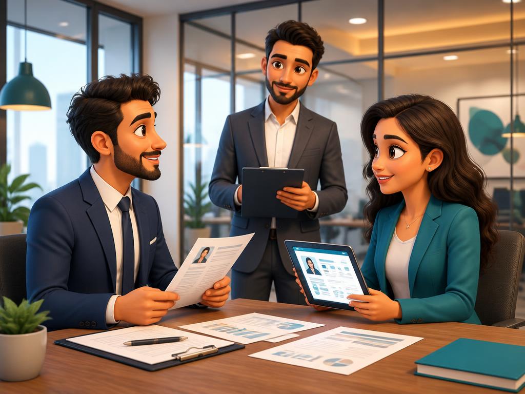 Illustrated Middle Eastern HR and business professionals reviewing candidate profiles in a modern office